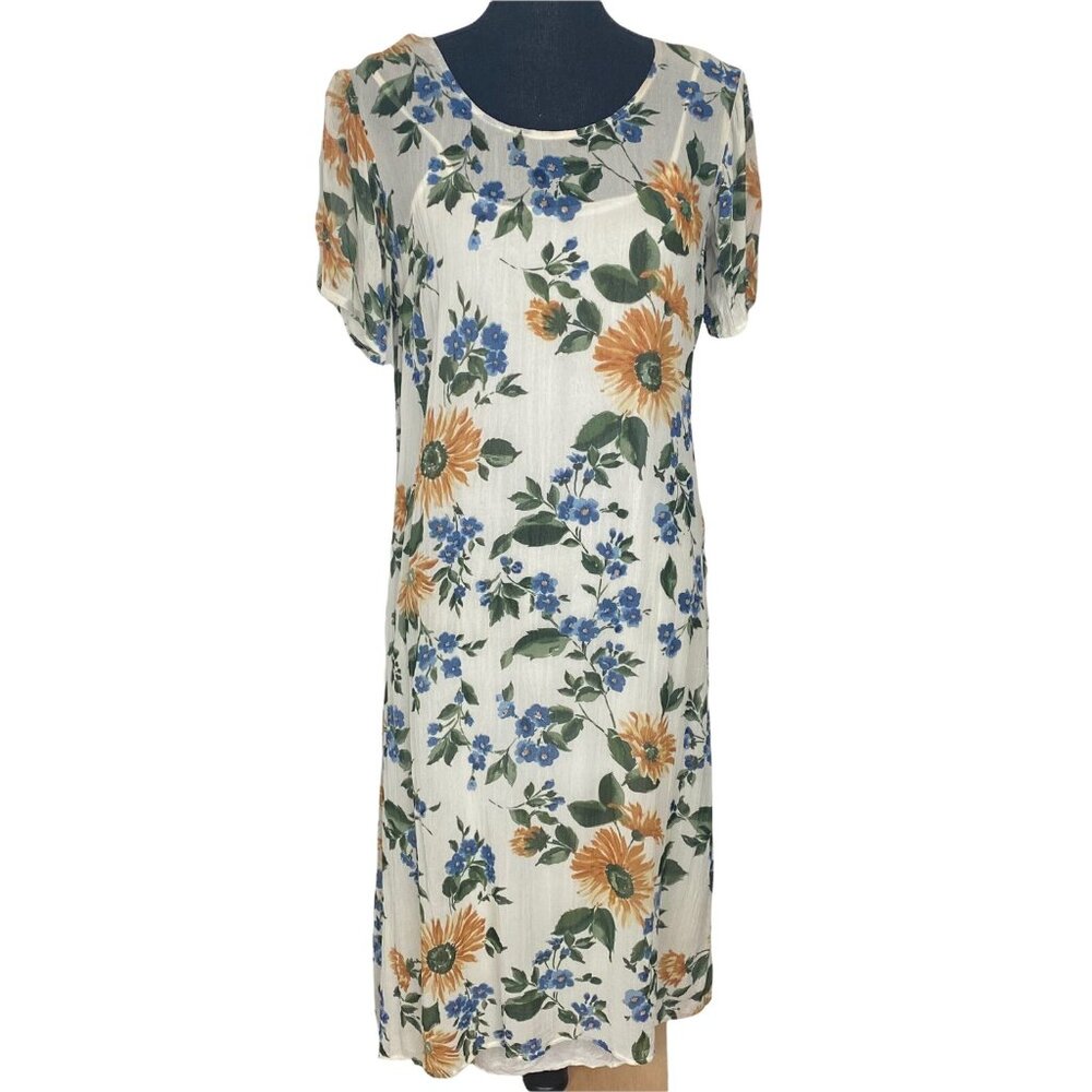 Vtg AMERICAN ANGEL Women Short Sleeves Floral Maxi Dress Sz M 90s Y2K Tan 9-12